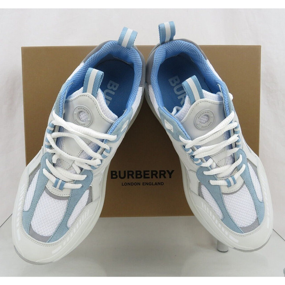 $850 BURBERRY SEAN WHITE SUEDE MESH PALE BLUE LOGO LOW SNEAKERS 41 US 8 ITALY main image 7